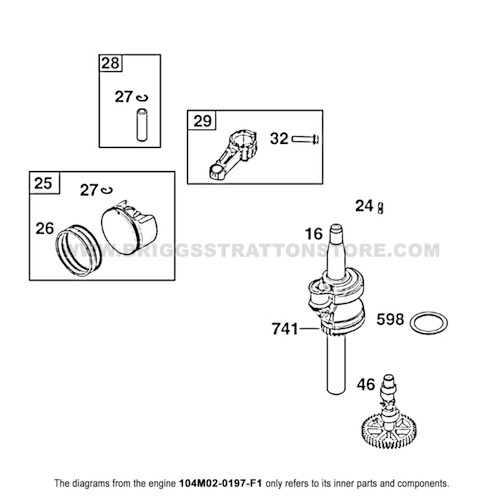 Parts lookup Briggs and Stratton 725EXi Engine 104M02-0197-F1 crankshaft group diagram