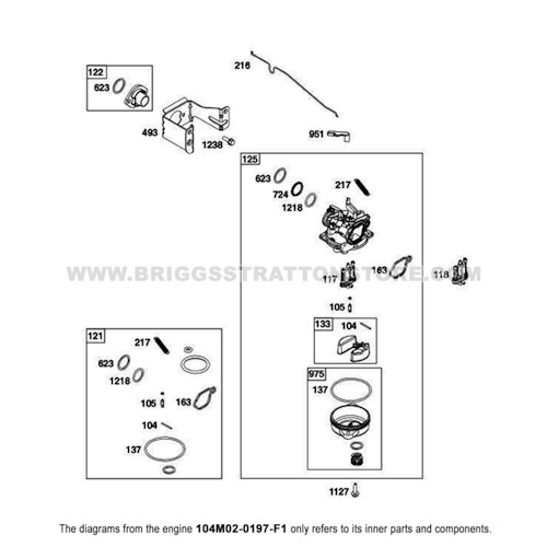 Parts lookup Briggs and Stratton 725EXi Engine 104M02-0197-F1 carburetor diagram