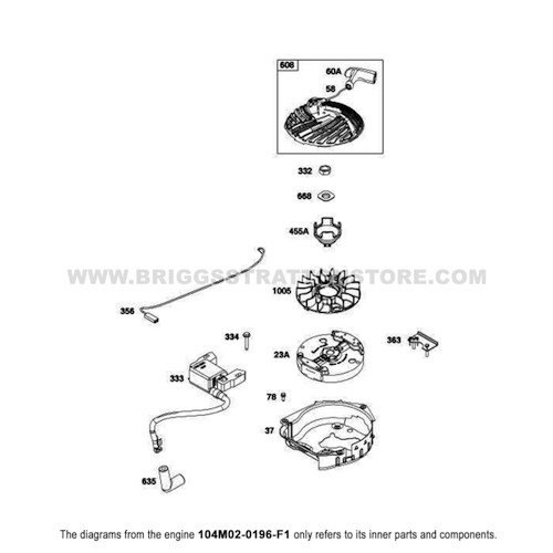 Parts lookup Briggs and Stratton 725EXi Engine 104M02-0196-F1 flywheel, ignition starter group diagram