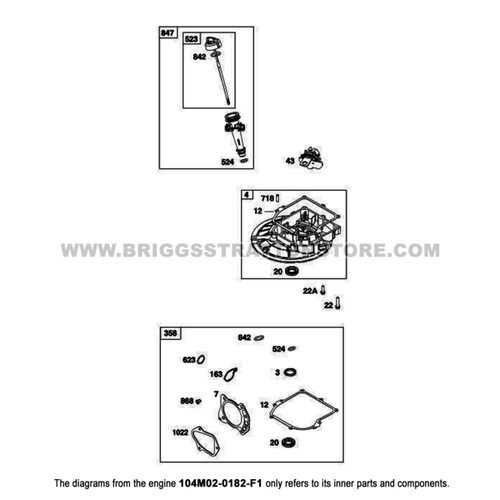 Parts lookup Briggs and Stratton 725EXi Engine 104M02-0182-F1 crankcase cover, sump, lubrication group diagram