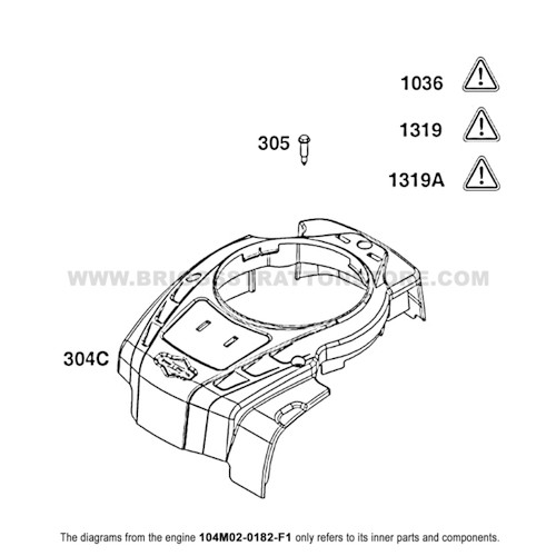 Parts lookup Briggs and Stratton 725EXi Engine 104M02-0182-F1 blower housing group diagram