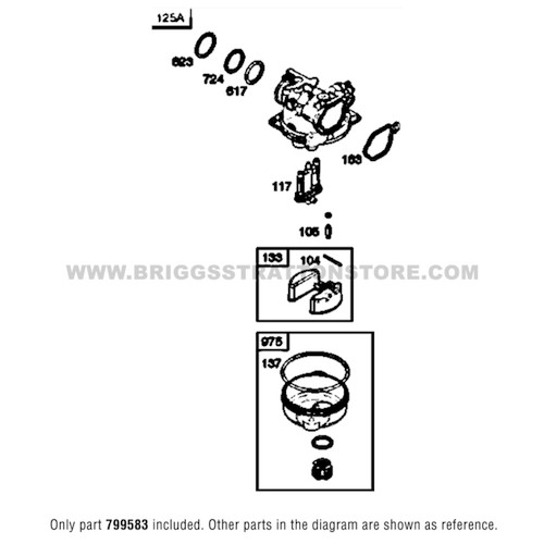 Parts lookup Briggs and Stratton 500E Carburetor 799583 diagram