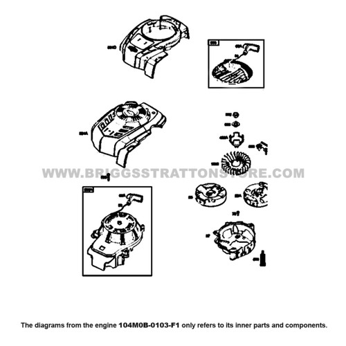 Parts lookup Briggs and Stratton 725EXi Engine 104M0B-0103-F1 blower housing, flywheel, rewind starter diagram