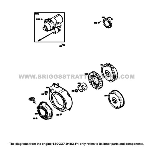 Parts lookup Briggs and Stratton 900 Series Engine 130G37-0183-F1 alternator, blower housing, electrical starter, flywheel, rewind starter diagram