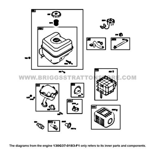 Parts lookup Briggs and Stratton 900 Series Engine 130G37-0183-F1 exhaust system, fuel supply diagram