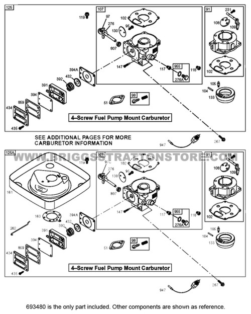 Parts lookup Briggs and Stratton 19.5 HP Carburetor 693480 OEM diagram