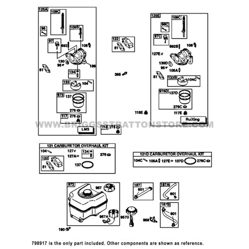 Parts lookup Briggs and Stratton 7.5 HP Carburetor 798917 OEM diagram