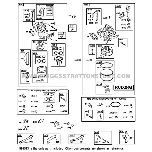 Parts lookup 14.5 HP Briggs and Stratton Engine Carburetor 594593 OEM diagram