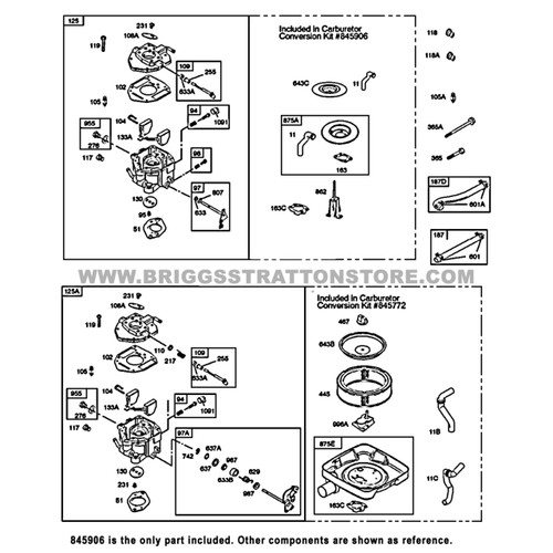 Parts lookup 16 HP Briggs and Stratton Carburetor 845906 OEM diagram
