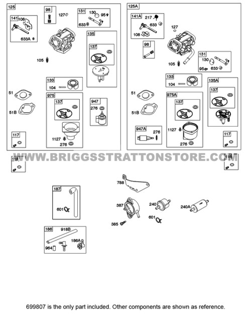 Parts lookup 22 HP Briggs and Stratton Carburetor 699807 OEM diagram