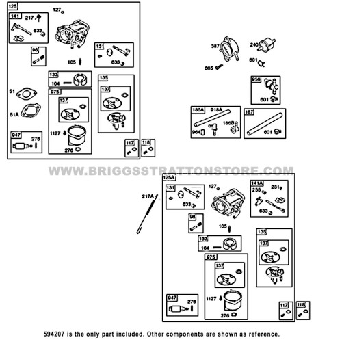 Parts lookup 25 HP Briggs and Stratton Carburetor 594207 OEM diagram