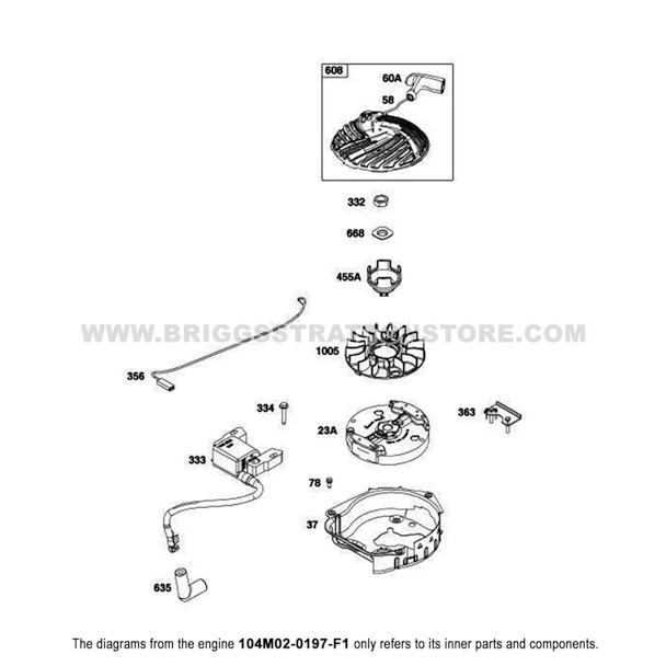 Parts lookup Briggs and Stratton 725EXi Engine 104M02-0197-F1 flywheel, ignition, starter group diagram Parts lookup Briggs and Stratton 725EXi Engine 104M02-0197-F1 flywheel, ignition, starter group diagram