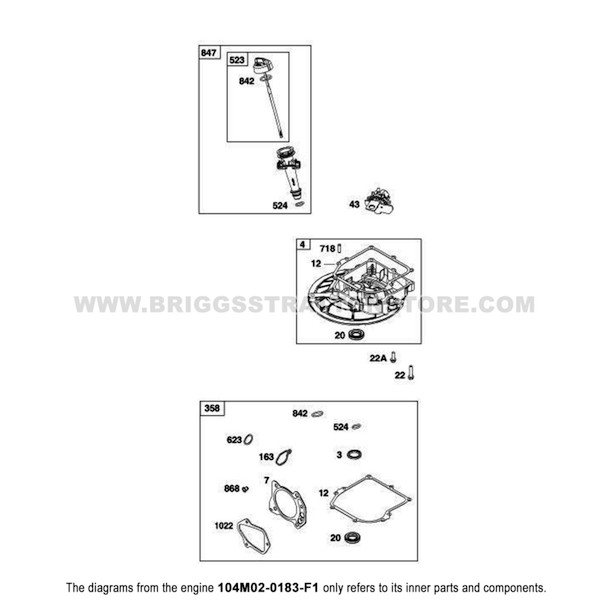 Parts lookup Briggs and Stratton 725EXi Engine 104M02-0183-F1 crankcase cover, sump, lubrication group diagram