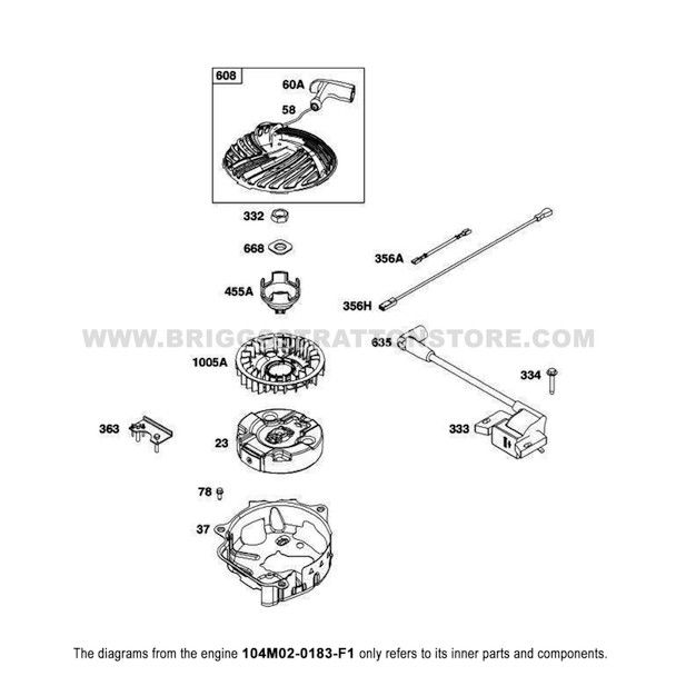 Parts lookup Briggs and Stratton 725EXi Engine 104M02-0183-F1 flywheel, ignition starter group diagram