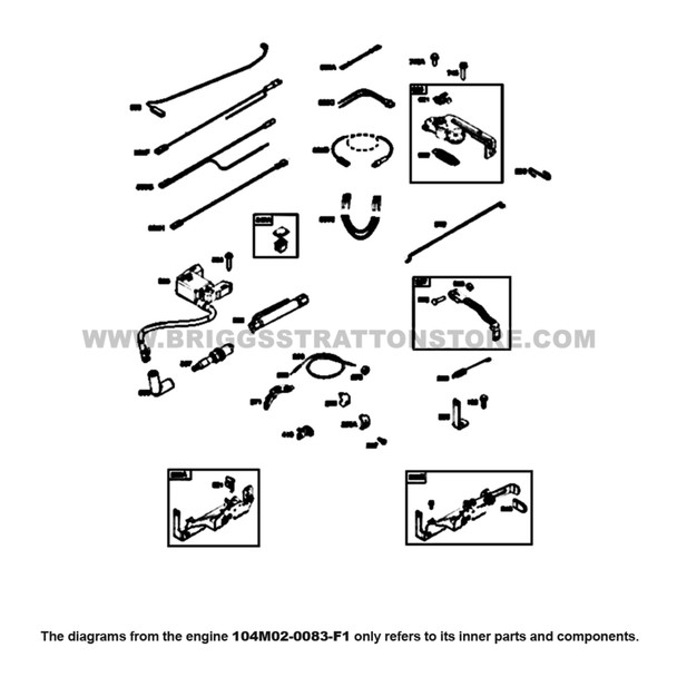 Parts lookup Briggs and Stratton 725EXi Engine 104M02-0083-F1 armature, controls, electrical system, governor spring, spark plug diagram