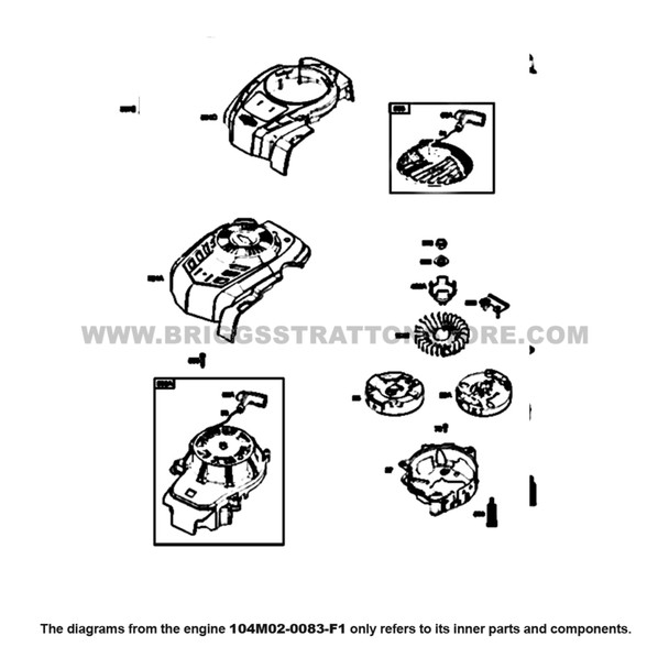 Parts lookup Briggs and Stratton 725EXi Engine 104M02-0083-F1 blower housing, flywheel, rewind starter diagram