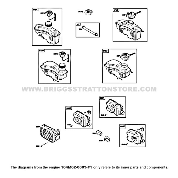 Parts lookup Briggs and Stratton 725EXi Engine 104M02-0083-F1 exhaust system, fuel supply diagram