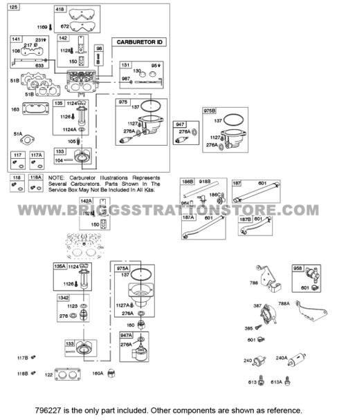 Parts lookup Briggs and Stratton 22 HP V Twin Carburetor 796227 OEM  diagram