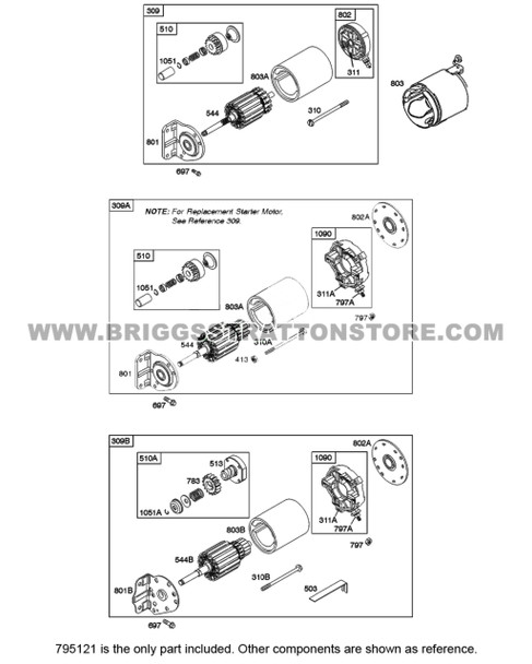 Parts lookup Briggs and Stratton 12.5 HP Starter 795121 OEM diagram
