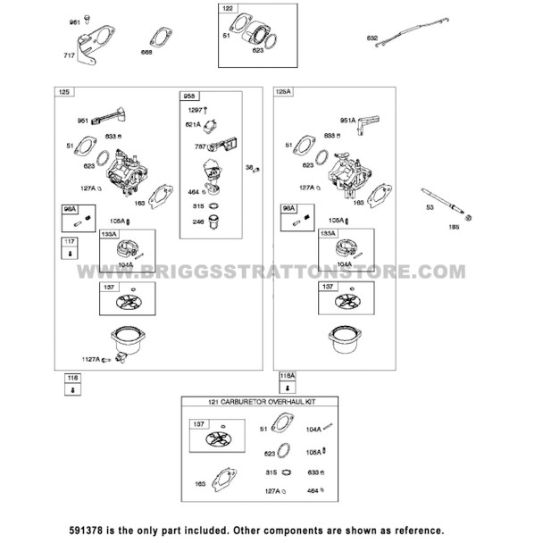 Parts lookup Briggs Stratton 10 HP Carburetor 591378 OEM diagram