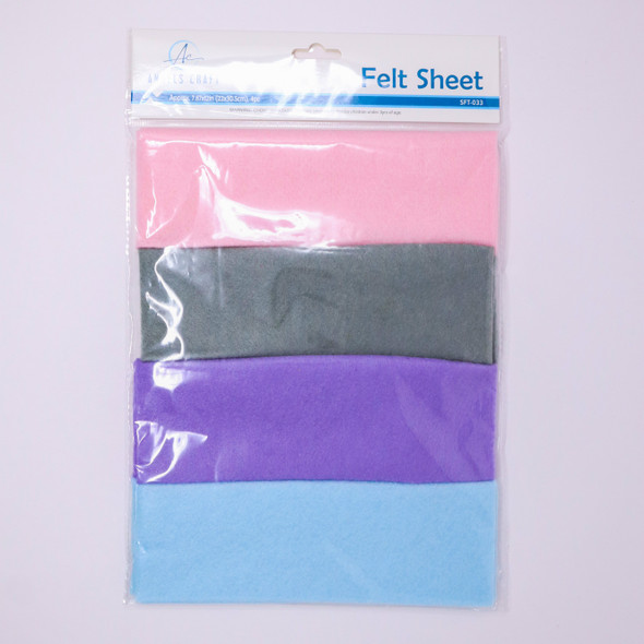 4 pc Felt Sheet Grey, Baby Blue, Purple, Pink 7x12