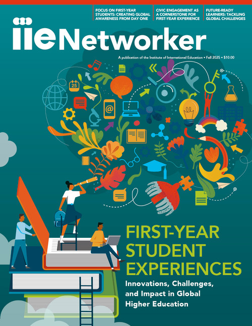 Cover abstractly illustrates three students atop books and peering out to a cloud of icons representing the various aspects and elements of first-year student experiences.