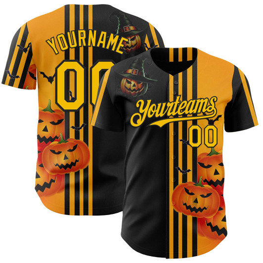 Personalized Baseball Jersey Halloween Spooky Pumpkin Stripe - Yellow Black