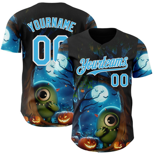 Personalized Baseball Jersey Halloween Spooky Pumpkin - Black Sky Blue