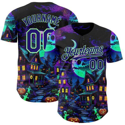 Personalized Baseball Jersey Halloween Spooky Pumpkin - Black Dark Purple White