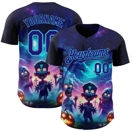 Personalized Baseball Jersey Halloween Spooky Pumpkin Zombies - Blue Dark Purple