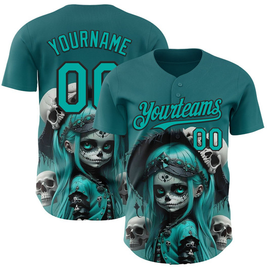 Personalized Baseball Jersey Halloween Spooky Skull - Blue Aqua