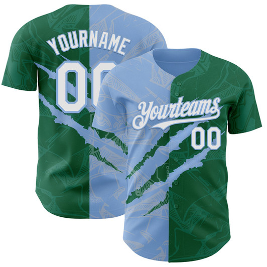 Personalized Baseball Jersey Graffiti Pattern Scratch - White Kelly Green Light Blue