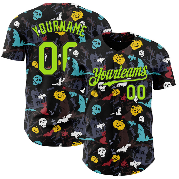 Personalized Baseball Jersey Halloween Skull Pumpkin Doodle Party Costume Ideas - Black Neon