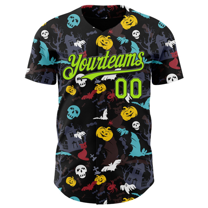 Personalized Baseball Jersey Halloween Skull Pumpkin Doodle Party Costume Ideas - Black Neon