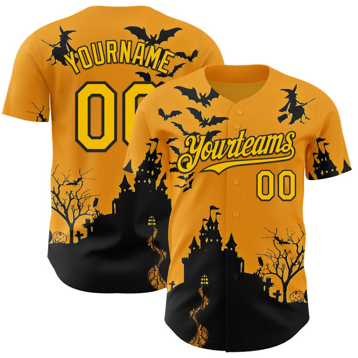 Personalized Baseball Jersey Halloween Spooky Pumpkin Bat - Yellow Black