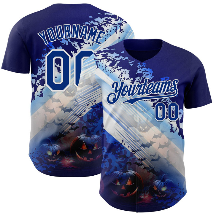 Personalized Baseball Jersey Halloween Spooky Pumpkin Bat - Blue Royal
