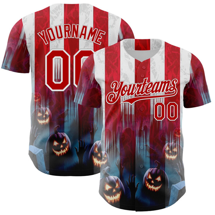 Personalized Baseball Jersey Halloween Spooky Pumpkin Stripe - Red Blue