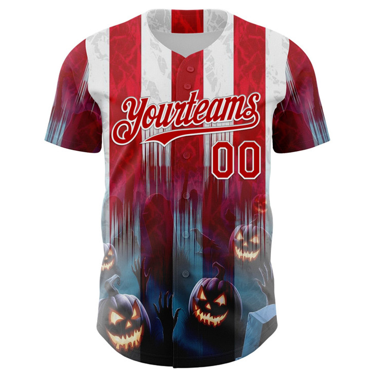 Personalized Baseball Jersey Halloween Spooky Pumpkin Stripe - Red Blue