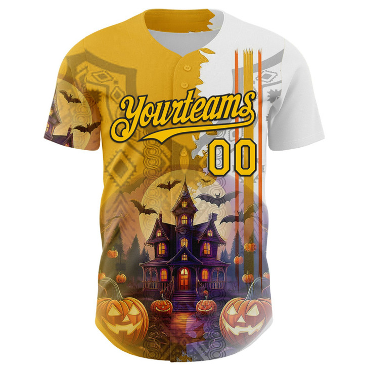 Personalized Baseball Jersey Halloween Spooky Pumpkin - White Yellow Black