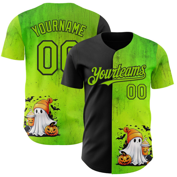 Personalized Baseball Jersey Halloween Spooky Pumpkin - Black Neon Green