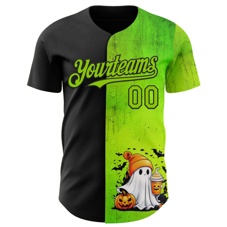 Personalized Baseball Jersey Halloween Spooky Pumpkin - Black Neon Green