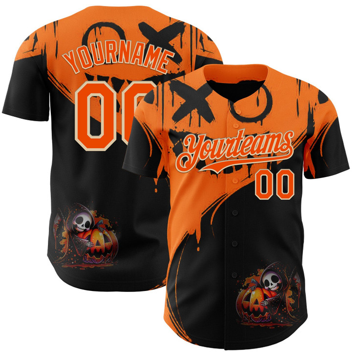 Personalized Baseball Jersey Halloween Spooky Pumpkin Graffiti - Orange Black