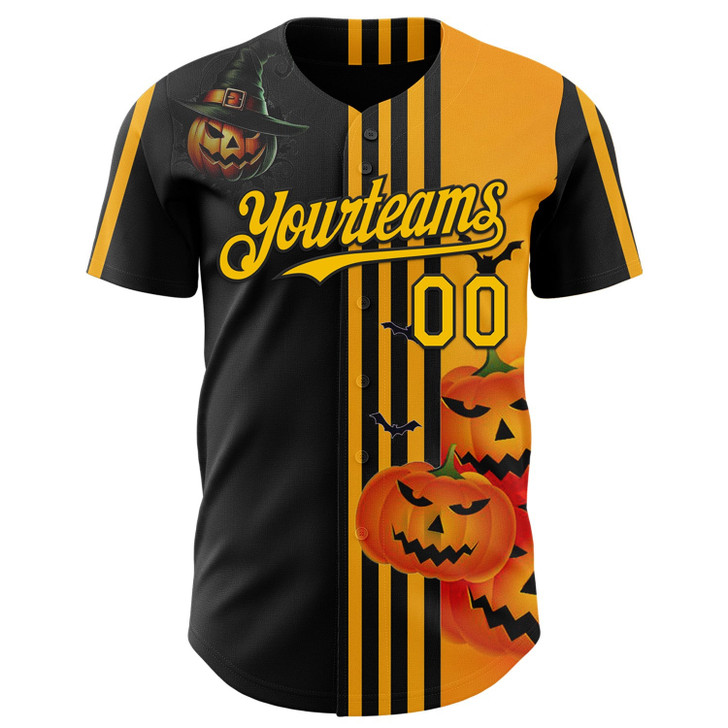 Personalized Baseball Jersey Halloween Spooky Pumpkin Stripe - Yellow Black