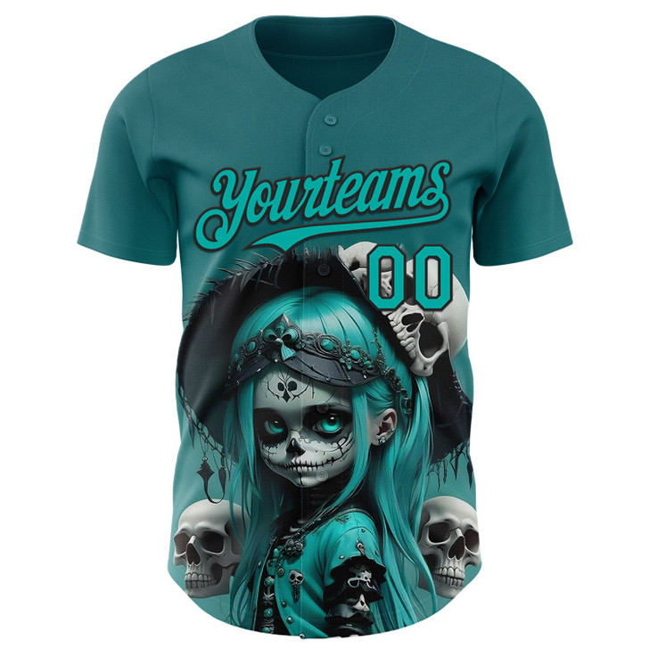 Personalized Baseball Jersey Halloween Spooky Skull - Blue Aqua