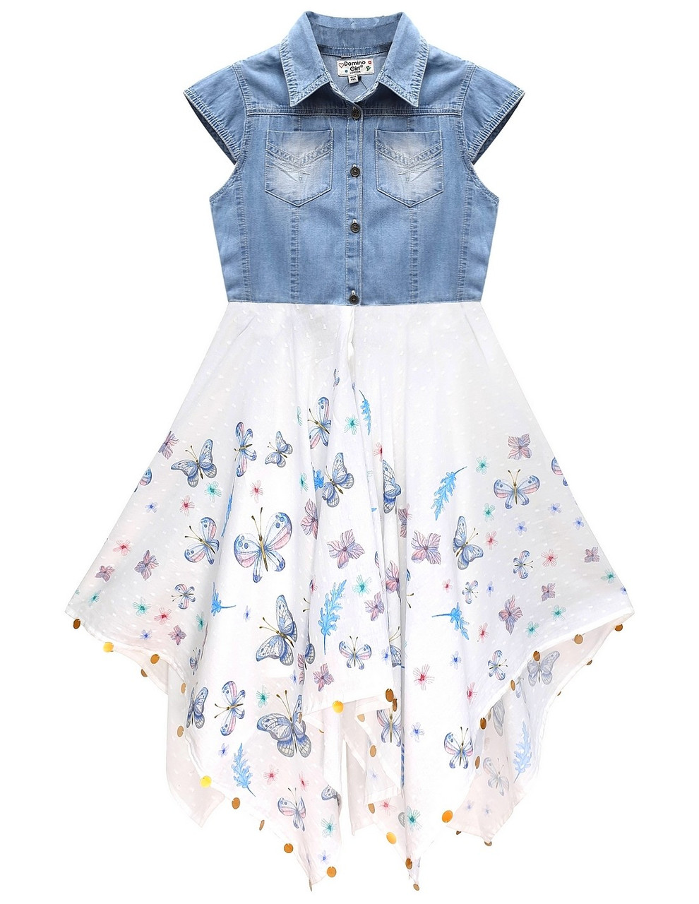 buy Domino Girl Denim Top Butterfly Print Girls Hanky Hem Dress