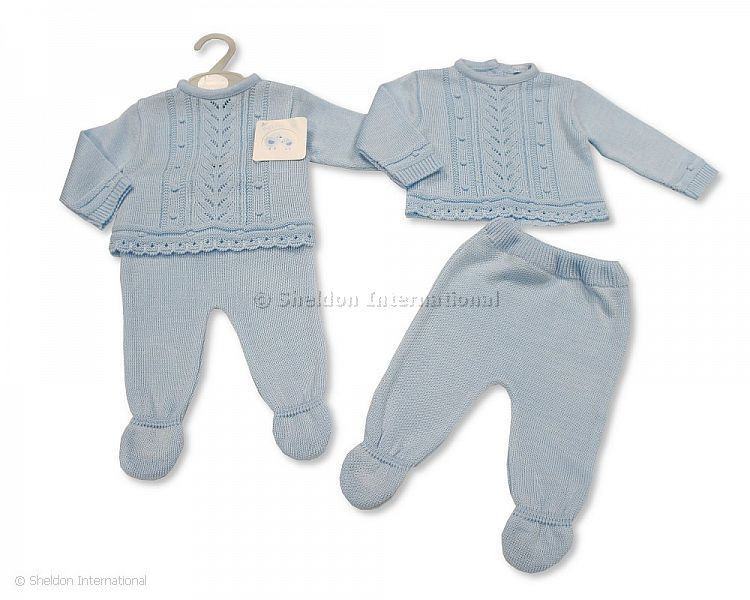 Pram Sets For Baby Boy SARDON Baby Boy Blue Knitted Button Pram