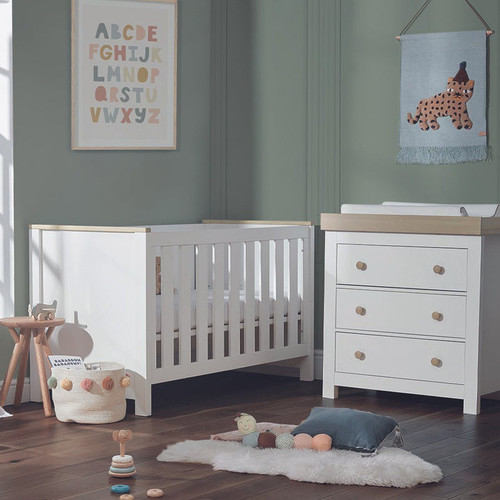 Luna 2 Piece Nursery Furniture Set (Cot Bed & Dresser) - White & Oak