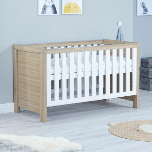 Babymore Luno Cot Bed – OakWhite With Mattress