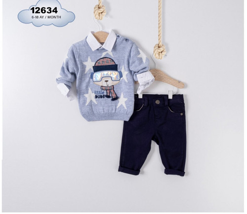 Baby Boys Knitted Jumper and Chinos Set- Sky Blue