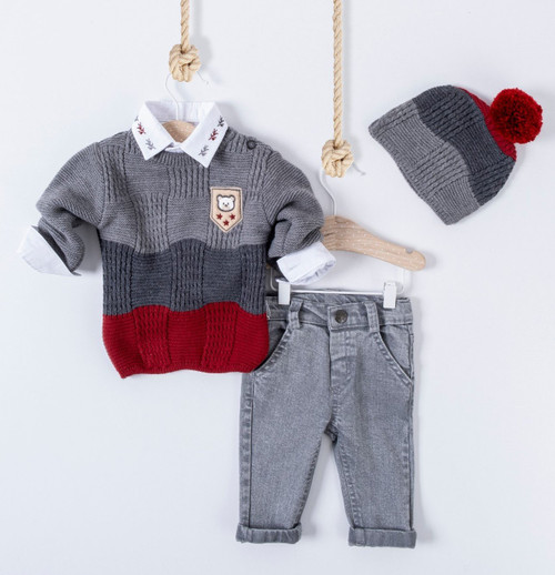 Baby Boys Three Piece Knitted Teddy Jumper and Jeans Set (6-18M)